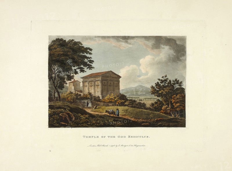 Temple of the God Rediculus, plate five from the Ruins of Rome Temple of the God Rediculus, plate five from the Ruins of Rome, published March 1, 1796, M. Dubourg, (English, active 1786-1838), published by J. Merigot (Italian, Unknown), England, Hand-colored aquatint on paper, 330 × 448 mm (sheet)