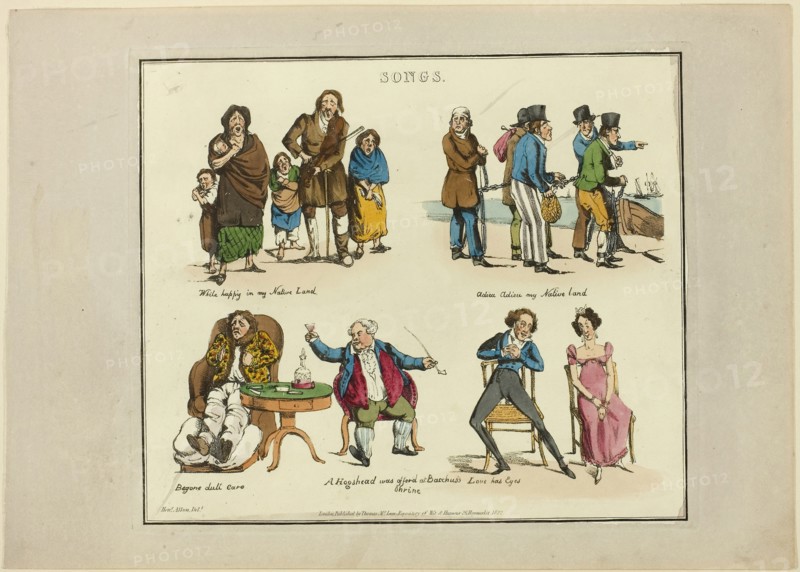 Plate from Illustrations to Popular Songs, 1822, Henry Alken (English, 1785-1851), published by Thomas McLean (English, active 1790-1860), England, Soft ground etching with hand-coloring and aquatint on paper, 200 × 237 mm (image), 212 × 245 mm (plate), 245 × 343 mm (sheet)