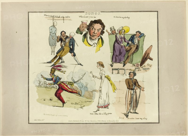 Plate from Illustrations to Popular Songs, 1822, Henry Alken (English, 1785-1851), published by Thomas McLean (English, active 1790-1860), England, Soft ground etching with hand-coloring and aquatint on paper, 204 × 240 mm (image), 214 × 250 mm (plate), 245 × 340 mm (sheet)
