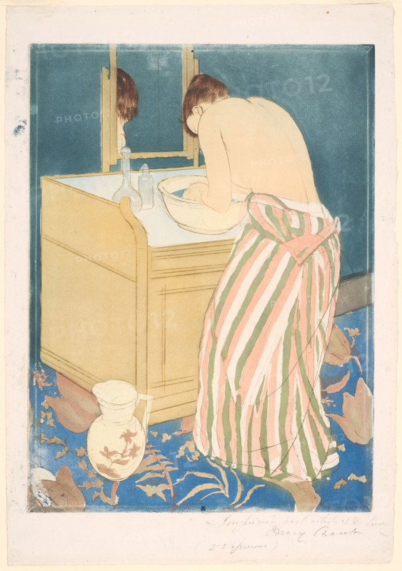 Woman Bathing, 1890–91, Mary Cassatt (American, 1844-1926), printed with Leroy (French, active 1876-1900), United States, Color aquatint, with drypoint from three plates, on off-white laid paper, 364 x 269 mm (image/plate), 432 x 305 mm (sheet)