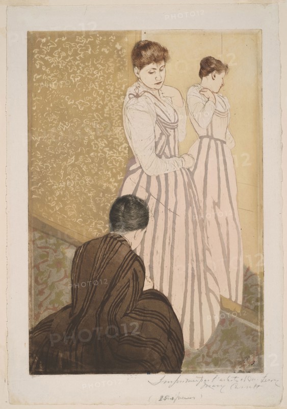 The Fitting, 1890–91, Mary Cassatt (American, 1844-1926), printed with Leroy (French, active 1876-1900), United States, Color aquatint with drypoint from three plates, on ivory laid paper, 377 x 256 mm (plate), 437 x 298 mm (sheet)