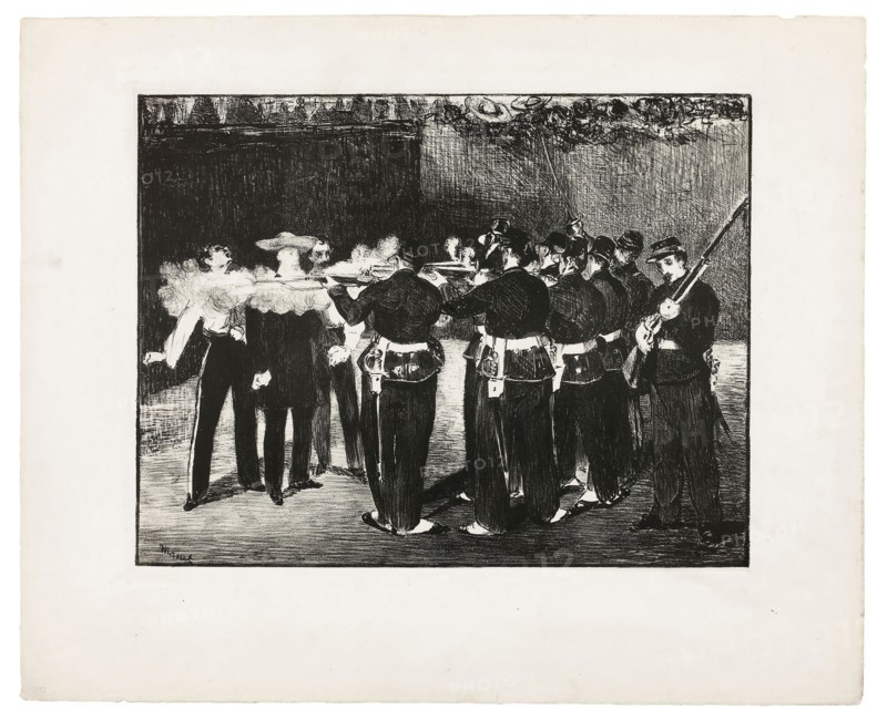 The Execution of Maximilian, 1867–68, Édouard Manet, French, 1832-1883, France, Lithograph in black, with scraping, on ivory chine laid down on ivory wove paper, 335 × 434 mm (image), 338 × 436 mm (primary support), 490 × 599 mm (secondary support)