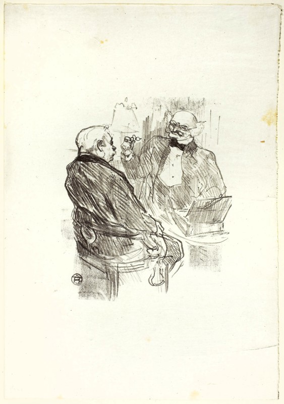 Georges Clemenceau and the Optomotrist, Mayer, from Au Pied du Sinaï, 1897, published 1898, Henri de Toulouse-Lautrec, French, 1864-1901, France, Lithograph on grayish-ivory wove chine, 175 × 145 mm (image), 337 × 235 mm (sheet)
