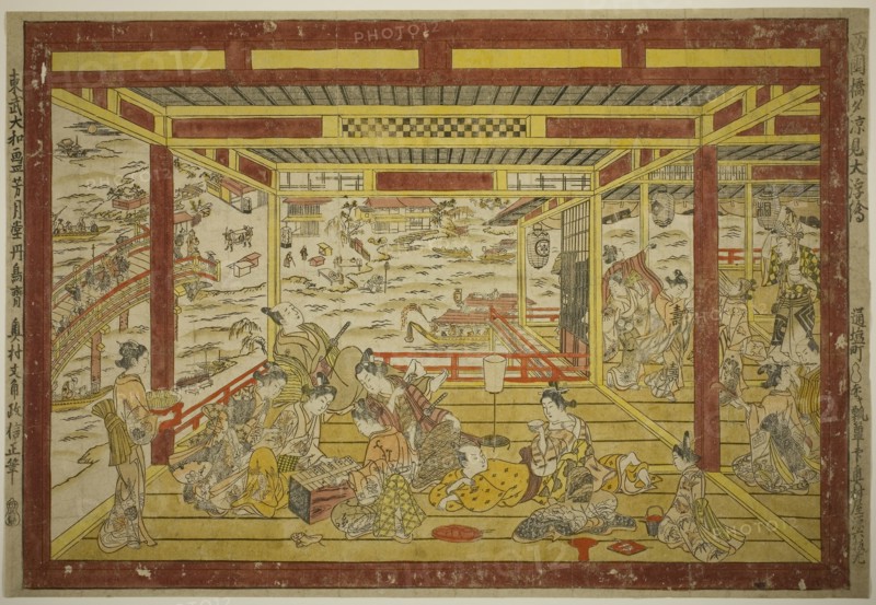 Enjoying the Evening Cool near Ryogoku Bridge (Ryogoku bashi yusuzumi uki-e), c. 1740, Okumura Masanobu, Japanese, 1686-1764, Japan, Hand-colored woodblock print, beni-e, horizontal o-oban, 44.6 x 65.5 cm