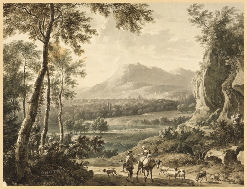Italianate Landscape with Traveling Peasants in Foreground, 1700/99, After Frederick de Moucheron, Dutch, 1633-1686, Netherlands, Watercolor with incising, over graphite, on ivory wove paper, laid down on tan board, 259 x 342 mm