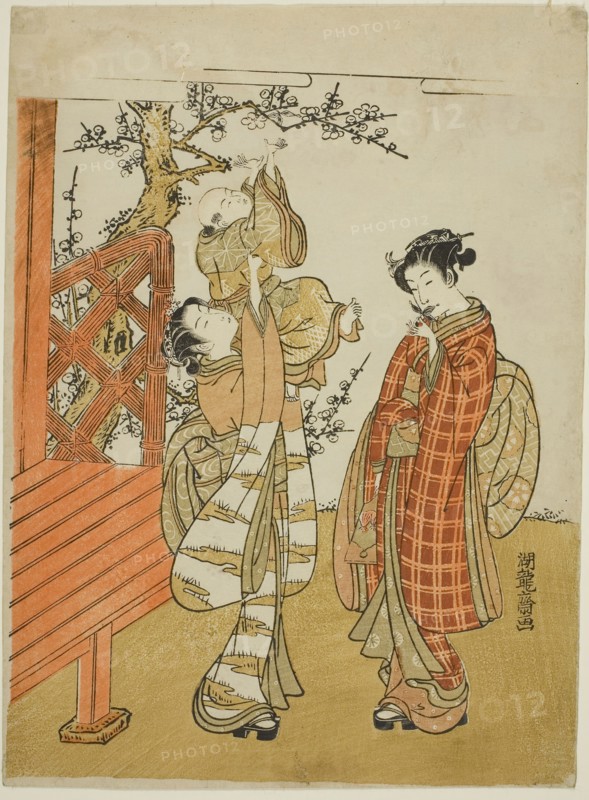 Retrieving the Shuttlecock, c. 1773, Isoda Koryusai, Japanese, 1735-1790, Japan, Color woodblock print, chuban, 10 1/2 x 7 5/8 in., Sampler, 1811, Mary Ann Doe (American, 1798/99-?), United States, New York, New York, Linen and wool, plain weave, embroidered with silk in cross and satin stitches, 48 x 57.4 cm (18 7/8 x 22 5/8 in.)
