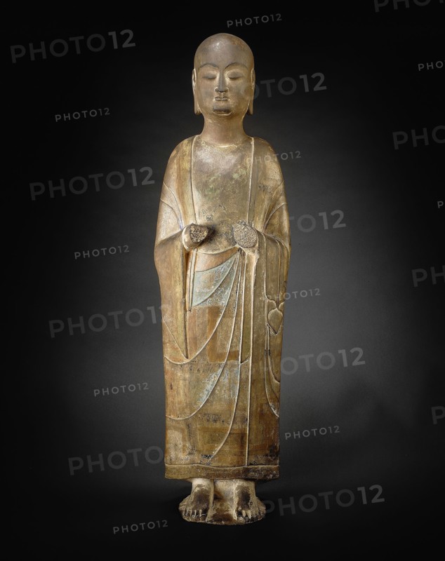 Monk, Sui Dynasty (589–618 A.D.), China, Limestone with traces of polychromy, H. 34 1/4 in., diam. (at elbows) 10 in.