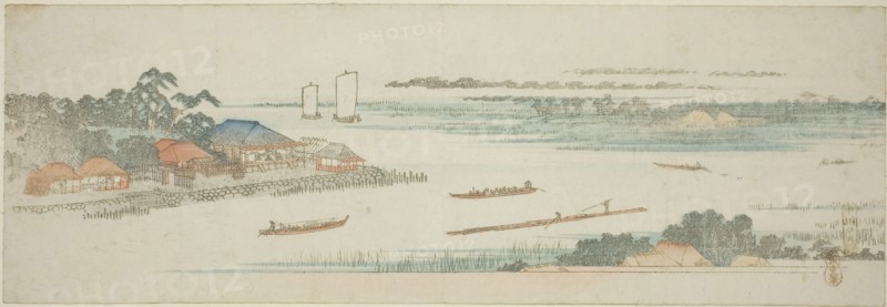 Mouth of the Naka River (Nakagawa guchi no zu), from an untitled series of famous views of the Edo suburbs, c. 1839/40, Utagawa Hiroshige ?? ??, Japanese, 1797-1858, Japan, Color woodblock print, ebangire, surimono, 15.7 x 46 cm (6 3/16 x 18 1/8 in.)