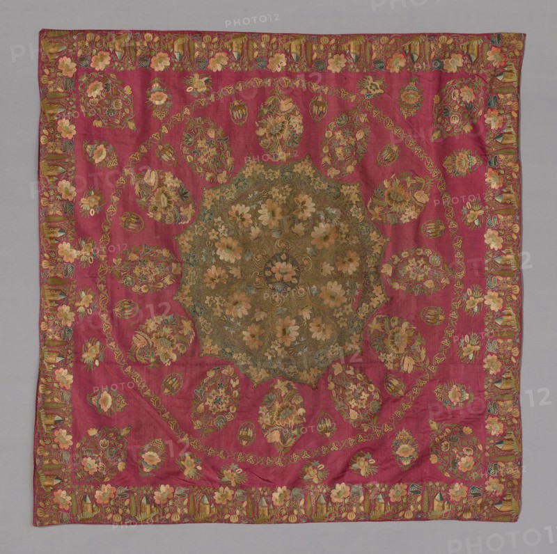 Cover, 18th century, Turkey, Turkey, Embroidered with polychrome silk, gold, and silver in chain stitch on plain rose silk, 107 x 105.7 cm (42 3/8 x 41 5/8 in.)
