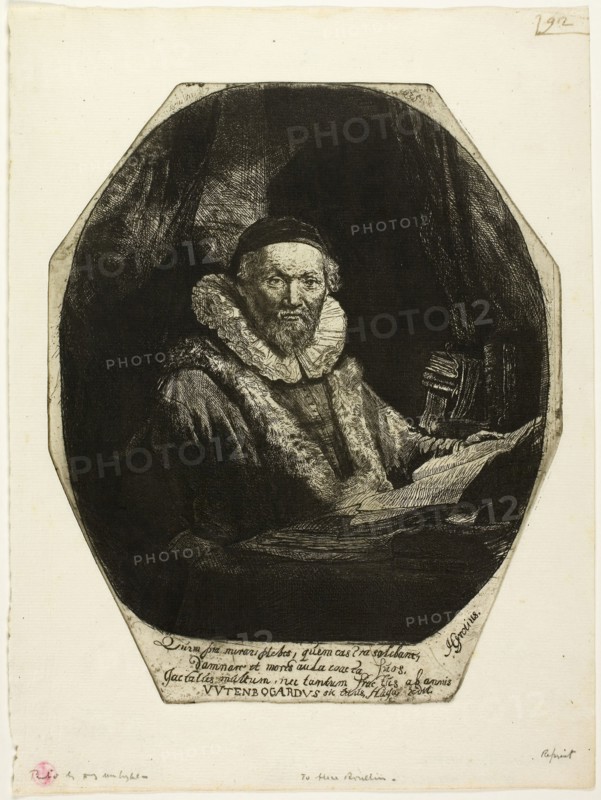 Jan Uytenbogaert, 1635, printed 1906, Rembrandt van Rijn (Dutch, 1606-1669), printed by Donald Shaw MacLaughlan (American, born Canada, 1876-1938), Netherlands, Etching in black on cream laid paper, 205 x 179 mm (image), 228 x 188 mm (plate), 286 x 215 mm (sheet)