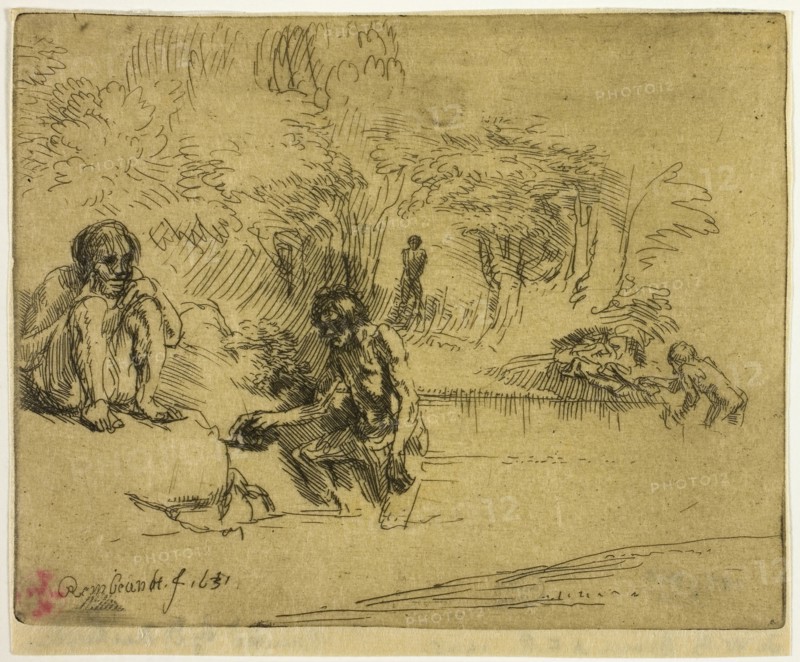 The Bathers, 1651, printed 1906, Rembrandt van Rijn (Dutch, 1606-1669), printed by Donald Shaw MacLaughlan (American, born Canada, 1876-1938), United States, Etching in black on cream wove paper, 111 x 138 mm (image/plate), 116 x 140 mm (sheet)
