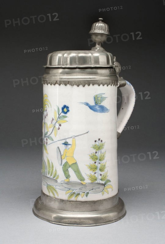 Tankard, c. 1720, Germany, Tin-glazed earthenware (faience) and pewter, H. 27.9 cm (11 in.), diam. 15.4 cm (6 6/16 in.)