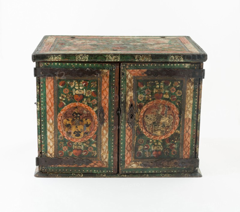 Marriage Chest, Early to mid 18th century, Bavaria, Germany, Wood, painted and gilded, metal mounts, 26.5 x 35.9 x 24.5 cm (10 7/16 x 14 1/8 x 9 5/8 in.)