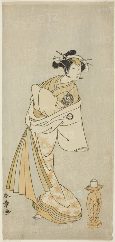 The Actor Nakamura Noshio I as the Spirit of the Courtesan Takao, in the Shosagoto Dance Sequence Sono Utsushi-e Matsu ni Kaede (A Shadow-Picture of Pine and Maple), the Last Scene of Part Two of the Play Keisei Momiji no Uchikake (Courtesan in an Over-Kimono of Maple Leaf Pattern), Performed at the Morita Theater from the Ninth Day of the Ninth Month, 1772, c. 1772, Katsukawa Shunsho ?? ??, Japanese, 1726-1792, Japan, Color woodblock print, hosoban, 32.3 x 15 cm (12 11/16 x 5 7/8 in.)