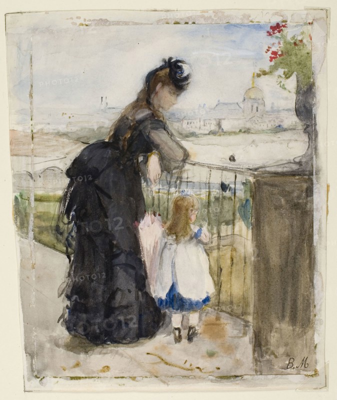 On the Balcony, 1871/72, Berthe Morisot, French, 1841-1895, France, Watercolor, with touches of gouache, over graphite, on off-white wove paper, 206 × 173 mm