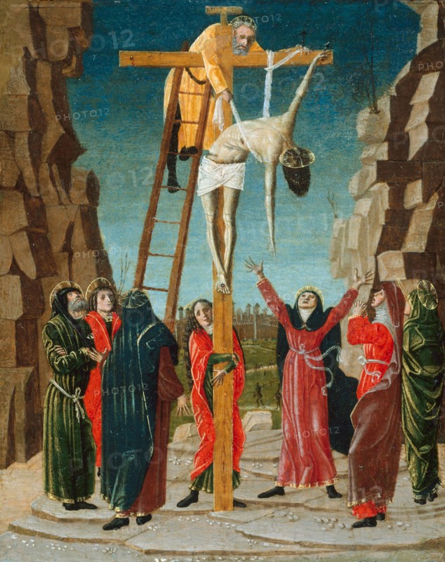 The Descent from the Cross, c. 1485, Butinone, Bernardino, Italian, c. 1450-before November 1510, Italy, Tempera on panel (poplar), Panel: 26 x 20.4 cm (10 3/16 x 8 1/16 in.), Painted surface: 25.6 x 20 cm (10 x 7 7/8 in.), With Frame: 30.5 x 25.4 cm (12 x 10 in.)