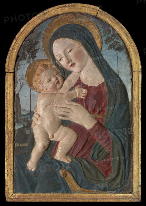 Madonna and Child, 1490/1500, Workshop of Neroccio de’ Landi, Italian, 1447-1500, Siena, tempera and gold on stucco, 57.8 × 38.1 × 3.8 cm (22 3/4 × 15 × 1 1/2 in.)