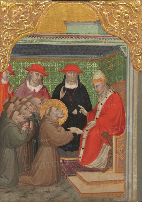 Saint Francis before the Pope (The Approva of the Franciscan Rule), 1390/1400, Spinello Aretino (Spinello di Luca Spinello), Italian, 1445/52-1410, Italy, Tempera on panel, 88.7 × 62.9 cm (34 7/8 × 24 3/4 in.)
