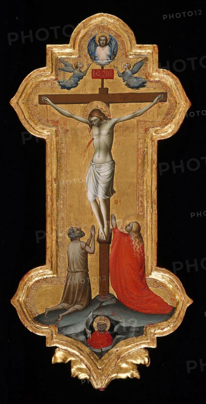 Processional Cross with Saint Mary Magdalene and a Blessed Hermit, 1392/95, Lorenzo Monaco, Italian, 1370/75–1425, Italy, Tempera on panel, Panel (Including Frame): 57.3 × 28 cm (22 1/2 × 11 1/16 in.), Painted Surface: 51 × 23.3 cm (20 1/8 × 9 3/16 in.), Widest Point at Center: 13.2 cm (5 3/16 in.)