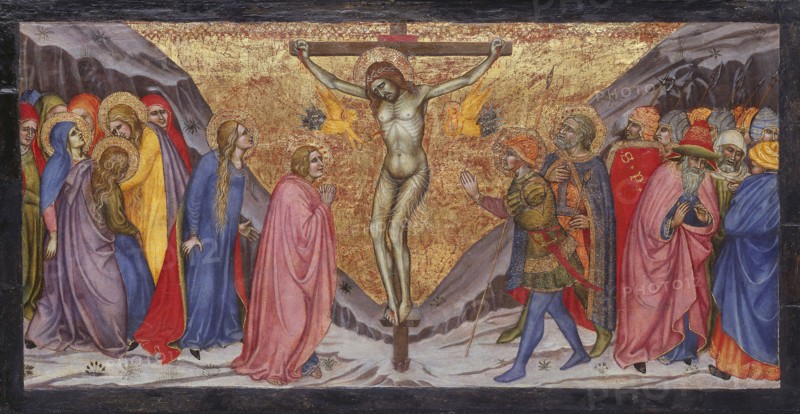 The Crucifixion, 1401/04, Taddeo di Bartolo, Italian, 1362/63-1422, Italy, Tempera on panel, Panel: 37.6 × 72.4 cm (14 3/4 × 28 1/2 in.), Painted Surface: 33 × 68 cm (13 × 26 3/4 in.)