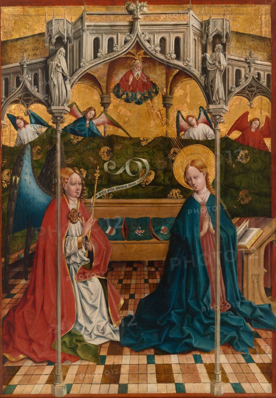 The Annunciation, Completed by 1457, Johann Koerbecke, German, about 1420–1490, Germany, Oil on panel, transferred to canvas, Panel: 93.3 × 65.8 cm (36 3/4 × 25 7/8 in.), Painted Surface: 36 3/16 × 25 1/4 in.