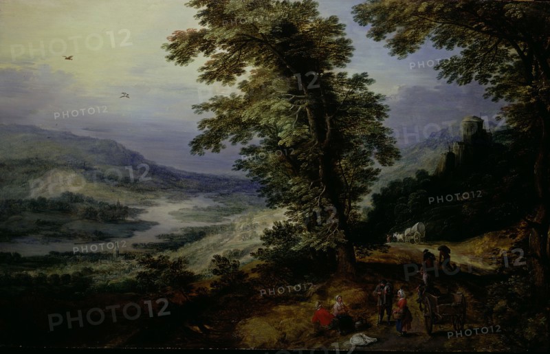 Mountain Road with Travelers, c. 1610/25, Josse de Momper the Younger, Flemish, 1564-1635, Flanders, Oil on cradled panel, 19 1/2 × 31 1/2 in. (50.2 × 80 cm)