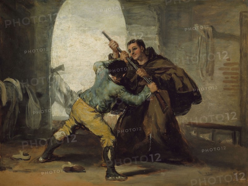 Friar Pedro Wrests the Gun from El Maragato, c. 1806, Francisco José de Goya y Lucientes, Spanish, 1746-1828, Spain, Oil on panel, 11 1/2 × 15 3/8 in. (29.2 × 38.5 cm)