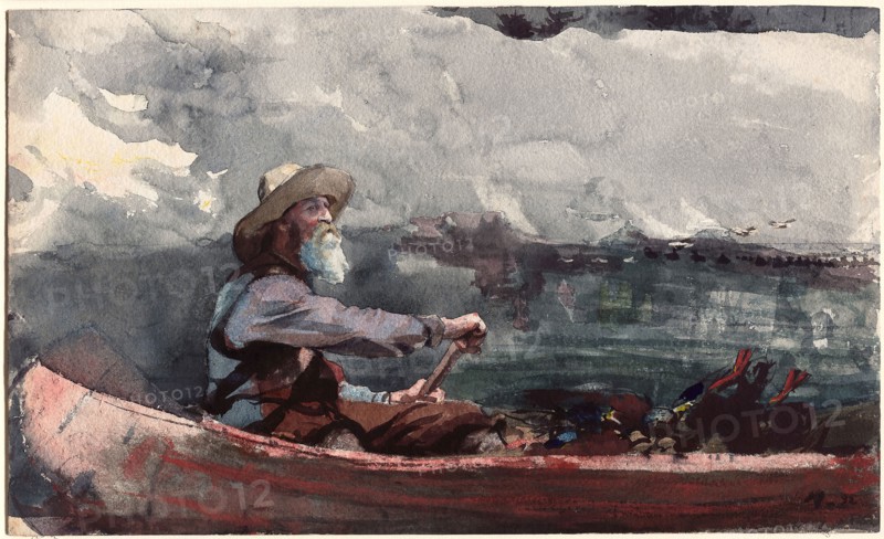 Adirondacks Guide, 1892, Winslow Homer, American, 1836-1910, United States, Transparent watercolor with touches of opaque watercolor, rewetting, blotting and scraping, over traces of graphite, on thick, moderately textured, ivory wove paper (top edge trimmed), 329 x 545 mm