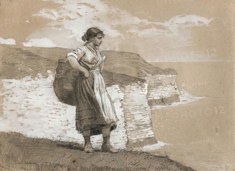 Flamborough Head, England, 1882, Winslow Homer, American, 1836-1910, United States, Graphite and opaque white watercolor on medium thick, slightly textured, tan laid paper with red and blue fibers, 452 x 609 mm