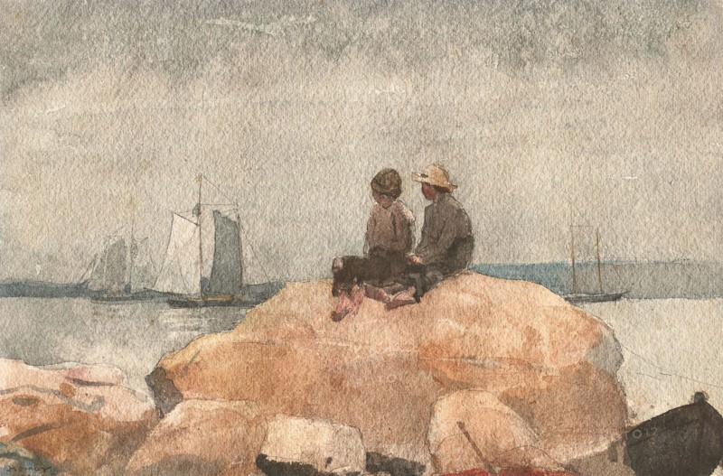 Two Boys Watching Schooners, 1880, Winslow Homer, American, 1836-1910, United States, Watercolor, with graphite, on moderately thick, rough-textured, ivory wove paper, 227 x 340 mm