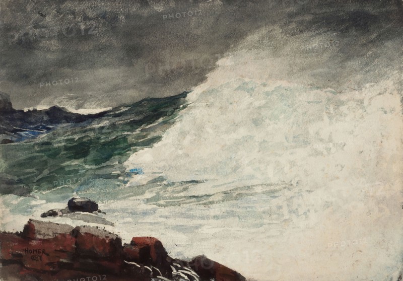 Prout’s Neck, Breaking Wave, 1887, Winslow Homer, American, 1836-1910, United States, Transparent watercolor, with touches of opaque watercolor, rewetting, blotting and scraping, over resist and traces of graphite, on medium weight, moderately textured, ivory wove paper, laid down on cream wove paper, 380 x 544 mm