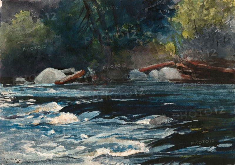 The Rapids, Hudson River, Adirondacks, 1894, Winslow Homer, American, 1836-1910, United States, Transparent watercolor, with traces of opaque watercolor, blotting, and scraping, over graphite, on thick, rough-textured, ivory wove paper, 384 x 546 mm