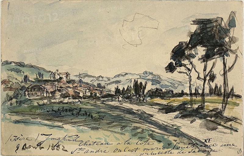 Chateau, Cote Saint Andre (recto) Empty Cart and Shed with Other Sketches (verso), 1882, Johan Barthold Jongkind, Dutch, 1819-1891, Holland, Watercolor, with black conte crayon, on cream wove paper, 155 x 241 mm