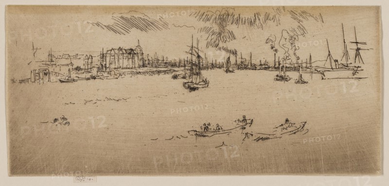 Tilbury, 1887, James McNeill Whistler, American, 1834-1903, United States, Etching and drypoint with foul biting in black ink on cream wove paper, 82 x 178 mm (image, trimmed within plate mark), 85 x 178 mm (sheet)