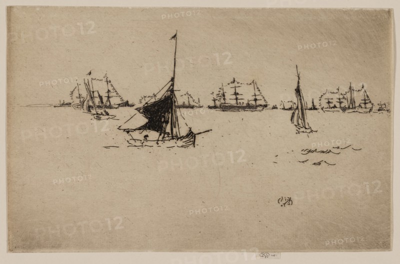 Her Majesty’s Fleet: Evening, 1887, James McNeill Whistler, American, 1834-1903, United States, Etching and drypoint with foul biting in black ink on ivory laid paper, 141 x 221 mm (image, trimmed within plate mark), 144 x 221 mm (sheet)