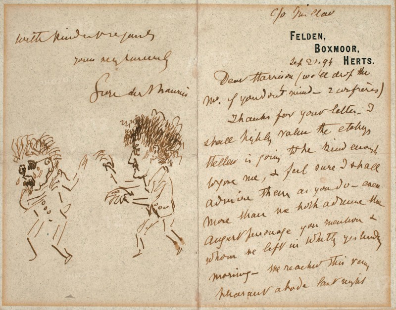 Letter with Drawing of Whistler Menacing Du Maurier, 1894, George Du Maurier, English, 1834-1896, France, Pen and brown ink on blue wove paper, with embossed printing, 162 × 192 mm (sheet)