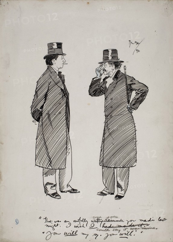 Oscar Wilde and Whistler, 1894, Philip William May, English, 1864-1903, England, Pen and black ink, with black crayon and touches of blue crayon, on ivory laminate board, 354 × 255 mm (sheet)