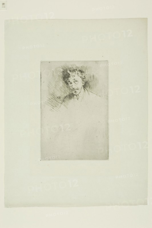 Whistler with the White Lock, 1876/79, James McNeill Whistler, American, 1834-1903, United States, Etching and drypoint in black ink on pale green laid paper faded to off-white, 117 x 80 mm (plate), 222 x 169 mm (sheet)