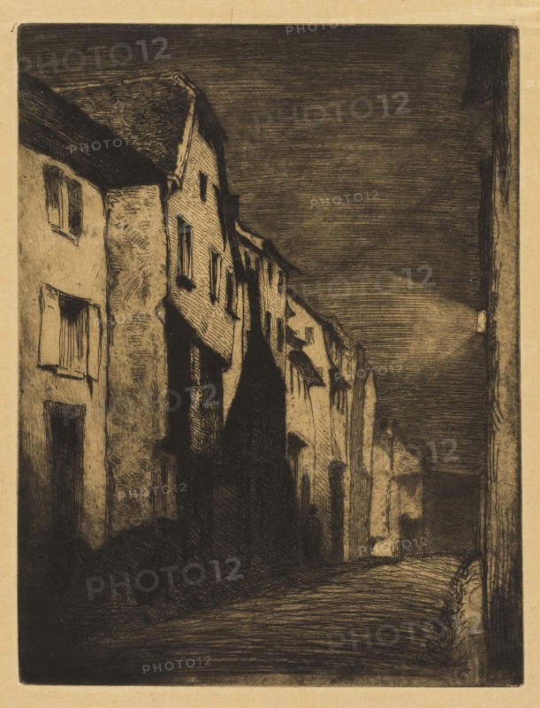 Street at Saverne, 1858, James McNeill Whistler, American, 1834-1903, United States, Etching with foul biting in black ink on tan Japanese paper, 207 x 159 mm (plate), 248 x 198 mm (sheet)