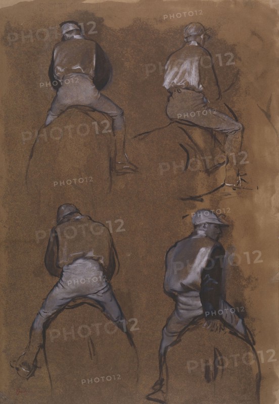 Four Studies of a Jockey, 1866, Edgar Degas, French, 1834-1917, France, Brush with black ink, oil paint, and white gouache, on tan wove paper discolored with brown essence, laid down on cream laid board, 453 × 316 mm