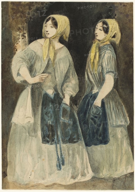 Two Women in Yellow Kerchiefs, n.d., Constantin Guys, French, 1802-1892, France, Brush and watercolor, over traces of graphite, on ivory wove paper, 310 × 218 mm