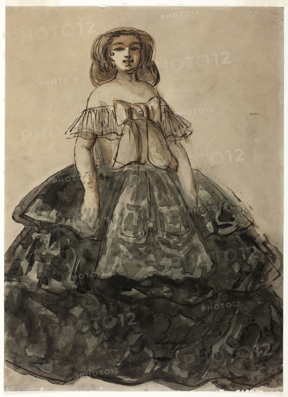 Standing Woman, c. 1870–1875, Constantin Guys, French, 1802-1892, France, Pen and brown ink, and brush and black, gray and brown wash, on cream wove paper (discolored to tan), 352 × 255 mm