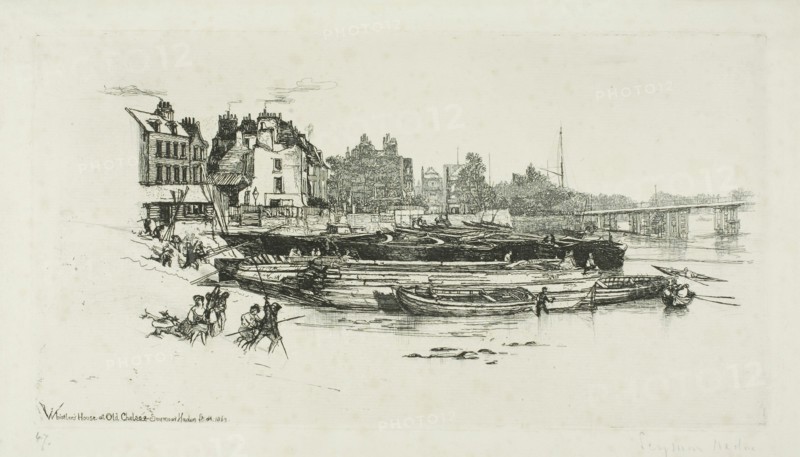 Whistler’s House, Chelsea, 1863, Francis Seymour Haden, English, 1818-1910, England, Etching with drypoint on ivory laid paper, 178 × 332 mm (image/plate), 222 × 368 mm (sheet)