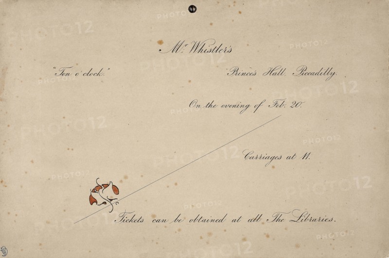 Invitation to Mr. Whistler’s Ten O’clock, 1885, James McNeill Whistler, American, 1834-1903, United States, Engraving in black with additions in pen and black ink and watercolor on tan card, with metal grommet, 204 x 306 mm