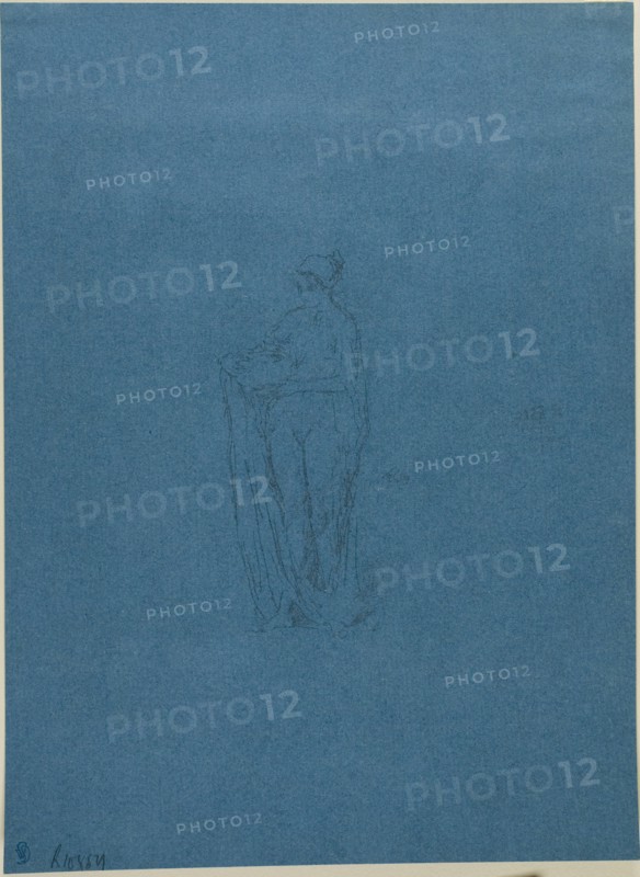 Girl with Bowl, 1895, James McNeill Whistler, American, 1834-1903, United States, Transfer lithograph in gray on blue wove Japanese vellum, 136 x 67 mm (image), 303 x 222 mm (sheet)