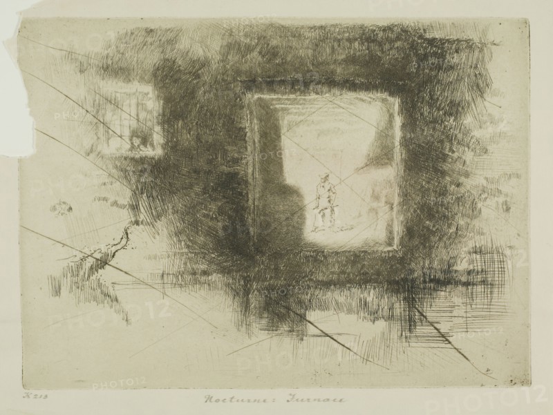 Nocturne: Furnace, 1879/80, James McNeill Whistler, American, 1834-1903, United States, Etching and drypoint with foul biting, with drypoint cancellation, in black ink on cream laid paper, 167 x 230 mm (plate), 195 x 257 mm (sheet)