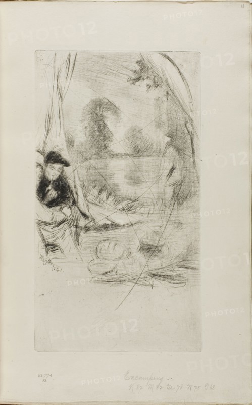The Camp, 1861, James McNeill Whistler, American, 1834-1903, United States, Drypoint, with drypoint cancellation lines, in black ink on ivory laid paper, 285 x 158 mm (plate), 381 x 237 mm (sheet, sight, bound)