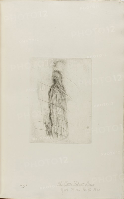 The Little Velvet Dress, 1873, James McNeill Whistler, American, 1834-1903, United States, Drypoint with foul biting, with drypoint cancellation, in black ink on ivory laid paper, 164 x 120 mm (plate), 382 x 236 mm (sheet, sight, bound)