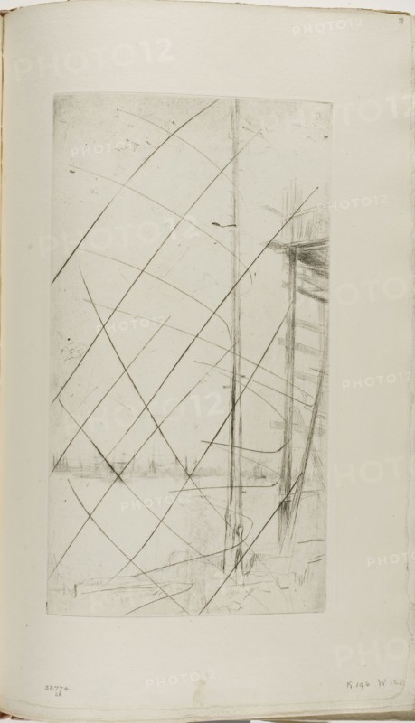 Shipbuilder’s Yard, Liverpool, 1875, James McNeill Whistler, American, 1834-1903, United States, Drypoint with foul biting, with drypoint cancellation, in black ink on ivory wove paper, 275 x 152 mm (plate), 375 x 237 mm (sheet, sight, bound)