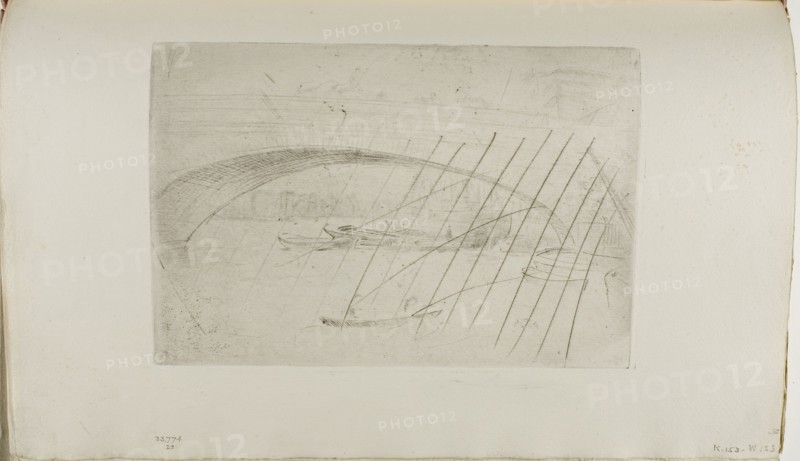London Bridge, 1877, James McNeill Whistler, American, 1834-1903, United States, Drypoint with foul biting, with drypoint cancellation, in black ink on ivory laid paper, 158 x 234 mm (plate), 235 x 379 mm (sheet, sight, bound)